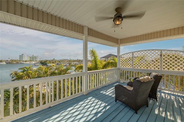 deck featuring ceiling fan and a water view