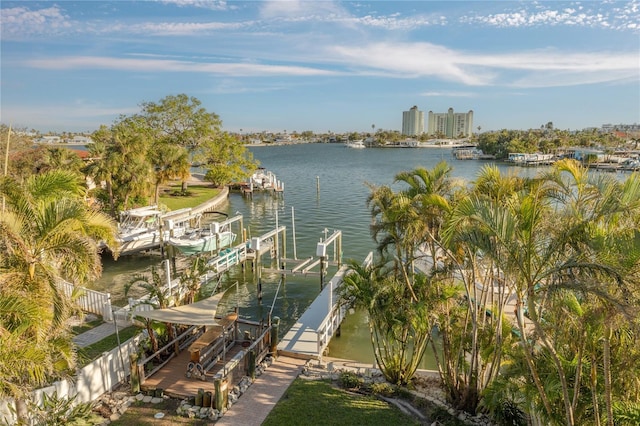 water view featuring a dock