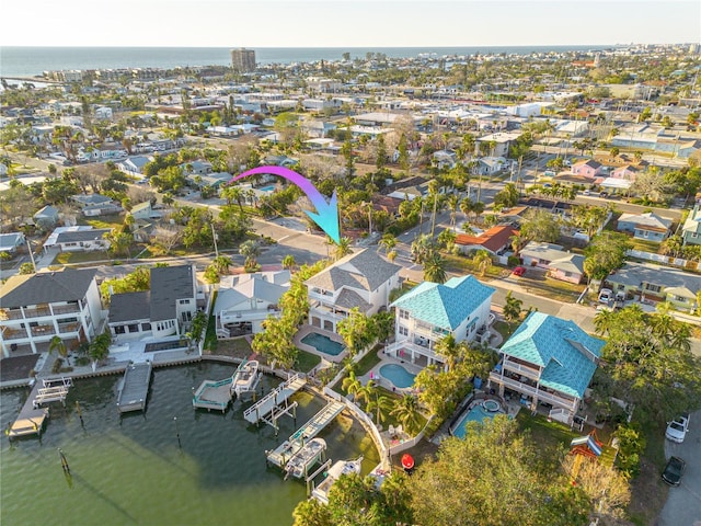 drone / aerial view featuring a water view