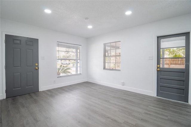 foyer featuring a textured ceiling and dark hardwood / wood-style flooring