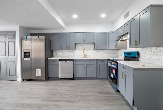 kitchen featuring sink, gray cabinets, light hardwood / wood-style floors, and appliances with stainless steel finishes