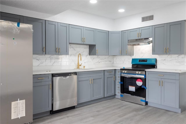 kitchen featuring sink, stainless steel appliances, light wood-type flooring, and tasteful backsplash