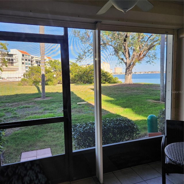 sunroom / solarium with a water view