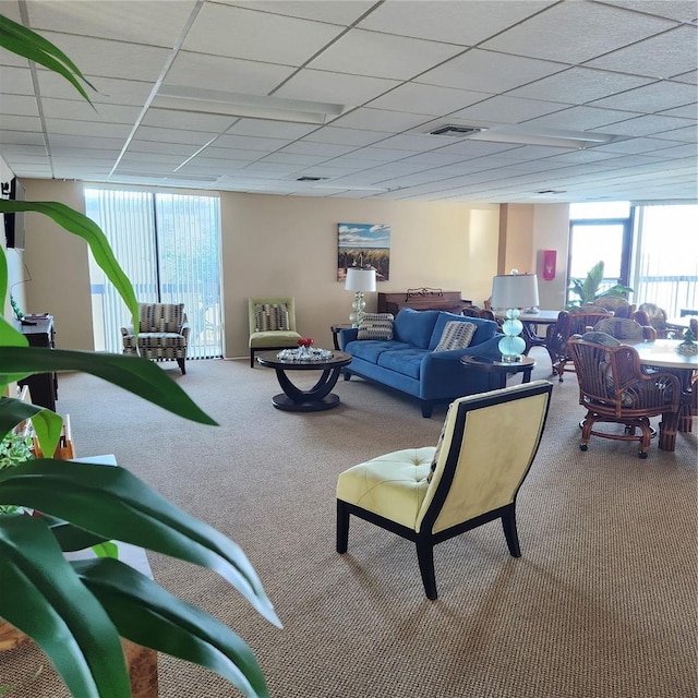 carpeted living room with a paneled ceiling and expansive windows