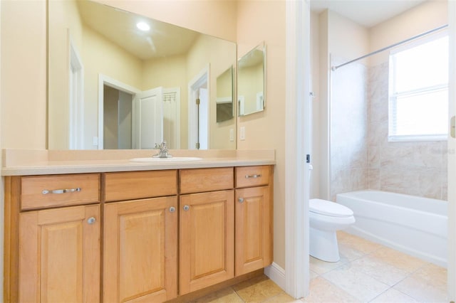 full bathroom with bathtub / shower combination, tile patterned floors, vanity, and toilet