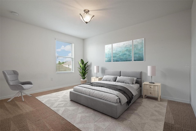 bedroom with light colored carpet