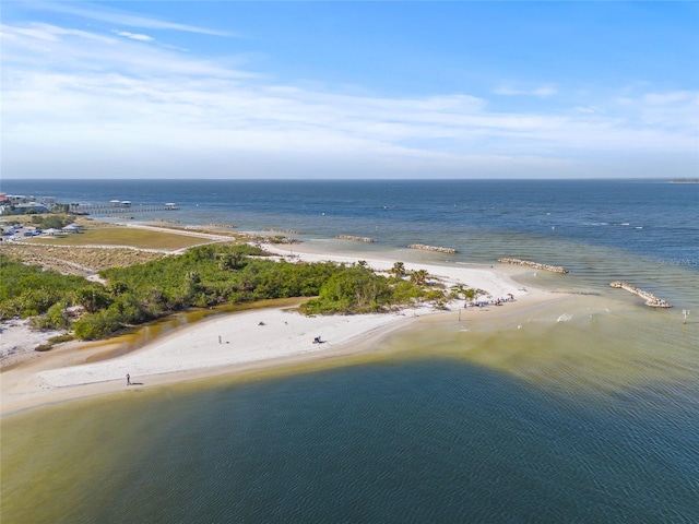 drone / aerial view with a water view and a beach view