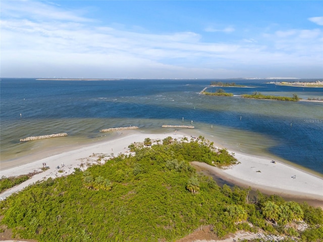 birds eye view of property with a water view and a beach view