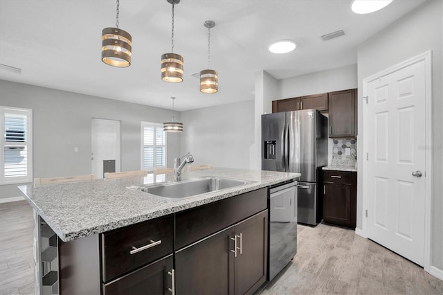 kitchen featuring a center island with sink, sink, hanging light fixtures, tasteful backsplash, and stainless steel appliances