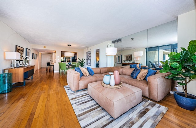 living room featuring a textured ceiling and hardwood / wood-style floors