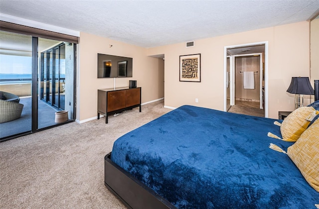 bedroom with ensuite bathroom, access to exterior, a textured ceiling, and carpet floors