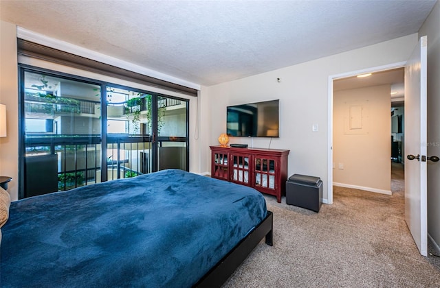 bedroom featuring a textured ceiling, access to outside, and carpet floors