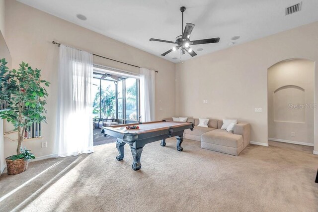 recreation room featuring ceiling fan, light colored carpet, and pool table