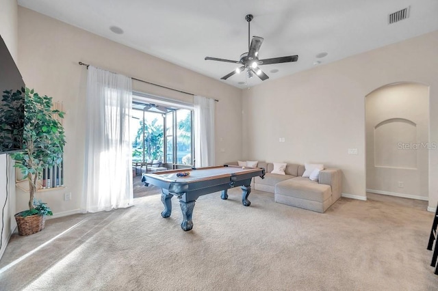 game room with light carpet, ceiling fan, and billiards