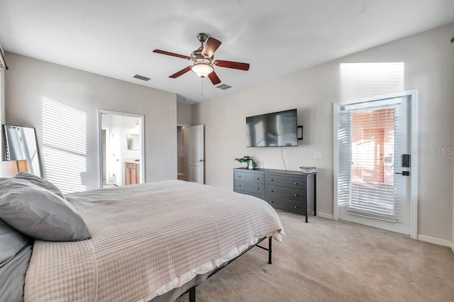 carpeted bedroom with connected bathroom, ceiling fan, and access to exterior