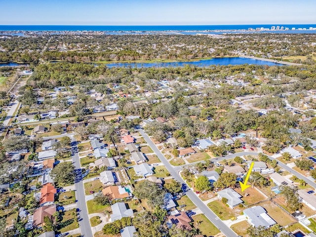 drone / aerial view featuring a water view