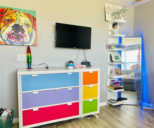 playroom with built in shelves and hardwood / wood-style floors