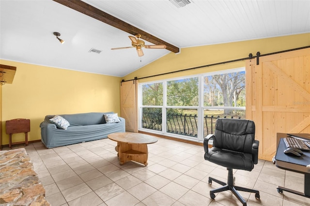 tiled living room featuring lofted ceiling with beams and ceiling fan