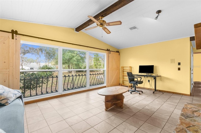 tiled office featuring lofted ceiling with beams and ceiling fan