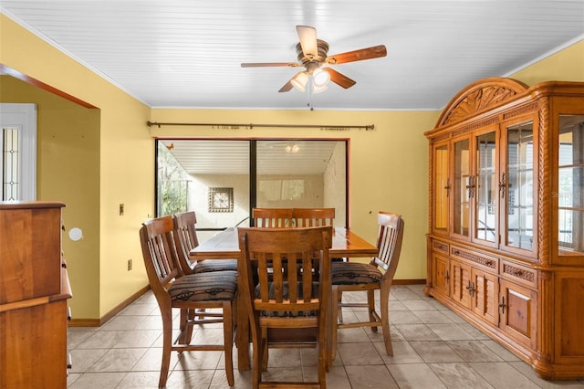 dining area featuring ceiling fan and ornamental molding