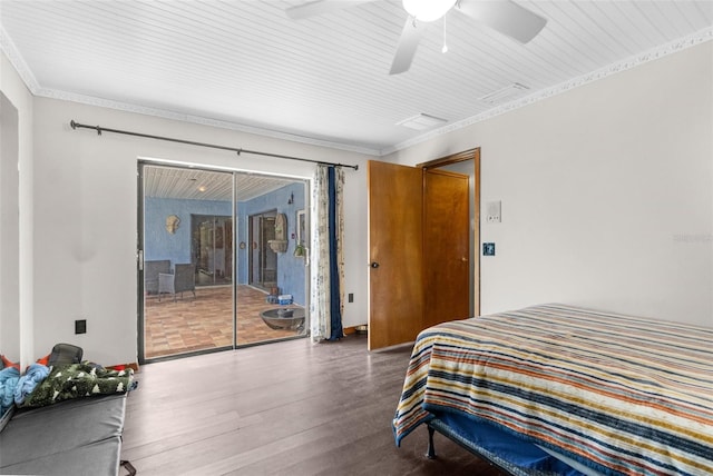 bedroom featuring access to exterior, ceiling fan, wood-type flooring, and ornamental molding