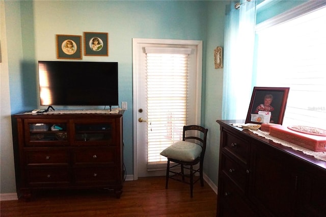 sitting room with dark hardwood / wood-style flooring