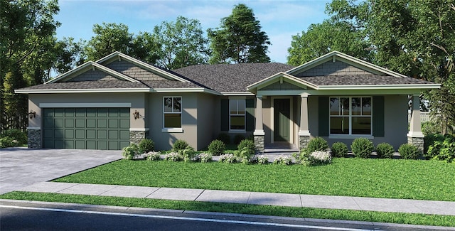 craftsman-style home featuring a front yard and a garage