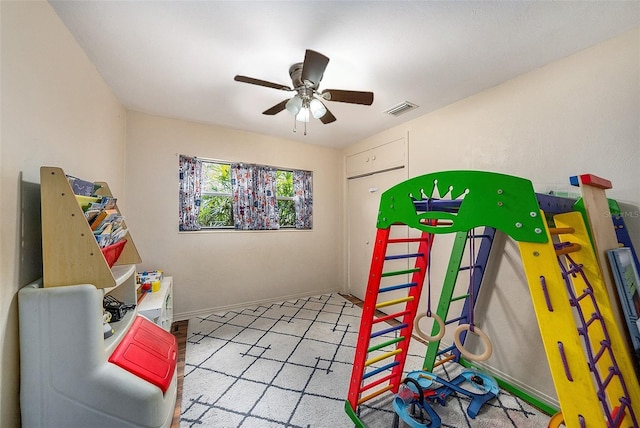 game room with ceiling fan