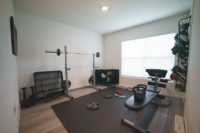 exercise area with light hardwood / wood-style floors