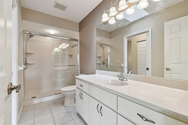 bathroom featuring walk in shower, tile patterned flooring, vanity, and toilet