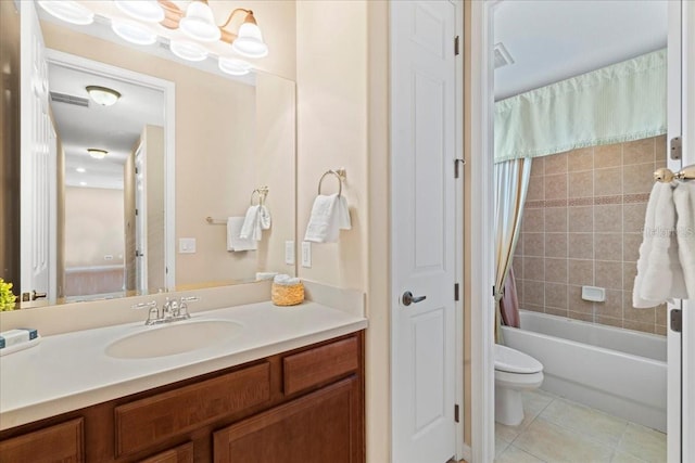 full bathroom with vanity, toilet, shower / bathtub combination with curtain, and tile patterned flooring