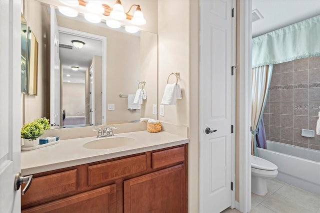 full bathroom featuring toilet, tile patterned floors, shower / bathtub combination with curtain, and vanity