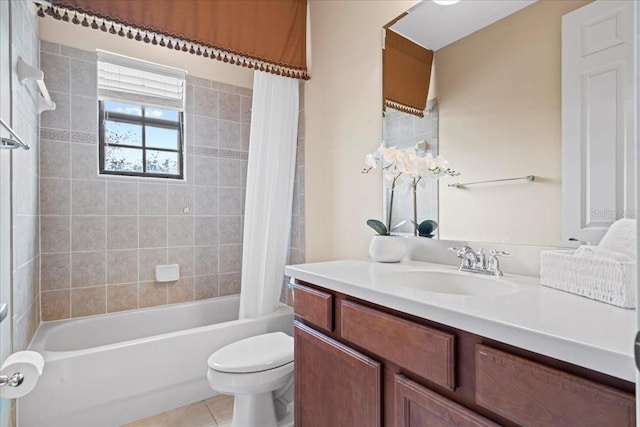 full bathroom with vanity, toilet, tile patterned floors, and shower / bath combo with shower curtain