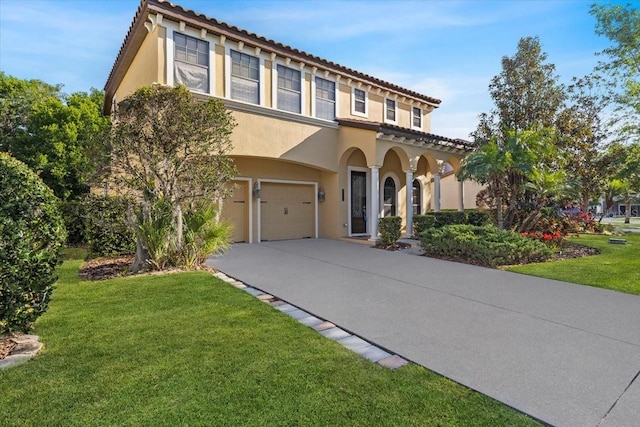 20314 Chestnut Grove Dr, Tampa, FL 33647 - mediterranean / spanish-style house with a tile roof, a front yard, a garage, concrete driveway, and stucco siding
