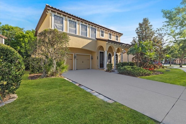20314 Chestnut Grove Dr, Tampa, FL 33647 - mediterranean / spanish-style house with driveway, a tile roof, a front lawn, an attached garage, and stucco siding