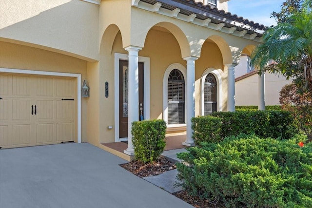 20314 Chestnut Grove Dr, Tampa, FL 33647 - property entrance with concrete driveway, a garage, and stucco siding