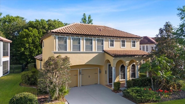 20314 Chestnut Grove Dr, Tampa, FL 33647 - mediterranean / spanish house with a tile roof, a garage, stucco siding, a front yard, and driveway