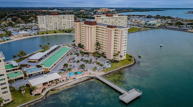 drone / aerial view featuring a water view