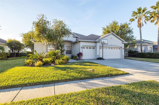 ranch-style home with a front yard and a garage