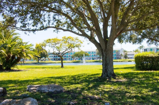 view of property's community with a yard and a water view