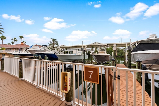 wooden terrace featuring a dock and a water view