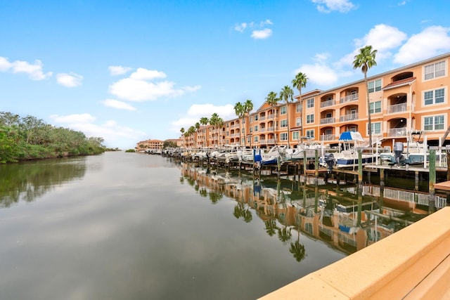 view of water feature with a boat dock