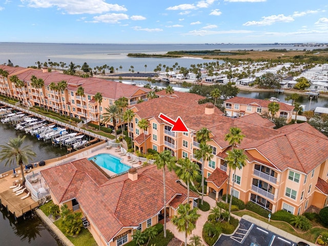 drone / aerial view with a water view