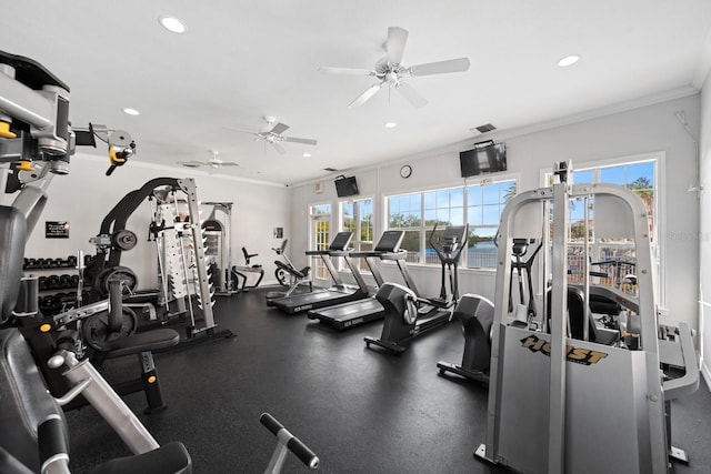 gym featuring ornamental molding and ceiling fan