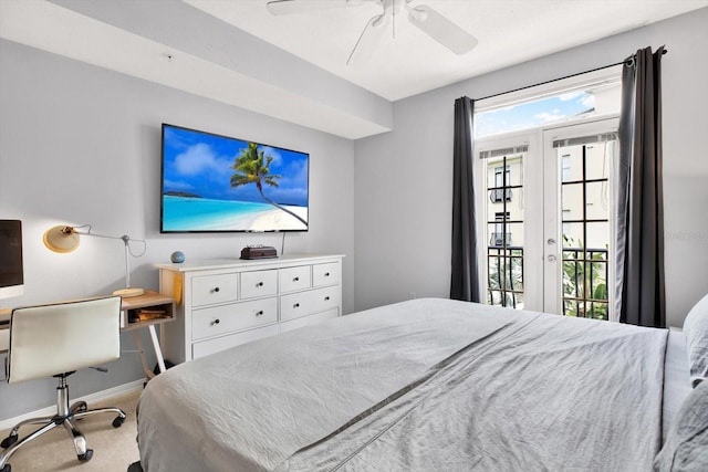 bedroom featuring carpet floors, access to outside, and ceiling fan