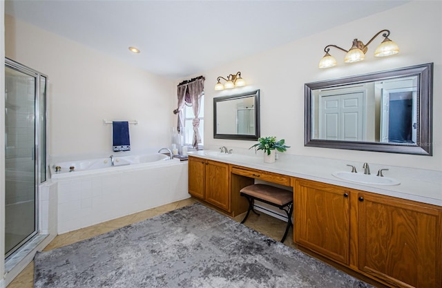 bathroom featuring vanity, tile patterned flooring, and plus walk in shower