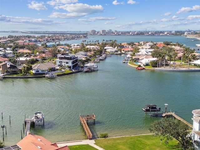 drone / aerial view with a water view