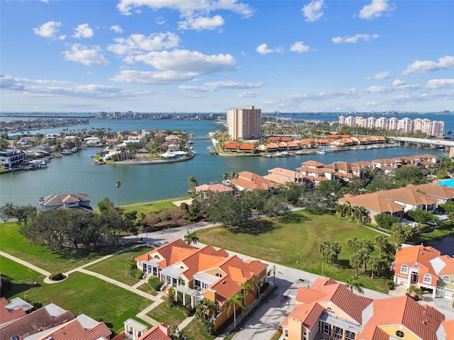 drone / aerial view featuring a water view