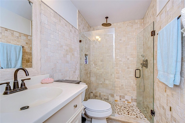 bathroom featuring toilet, an enclosed shower, and vanity