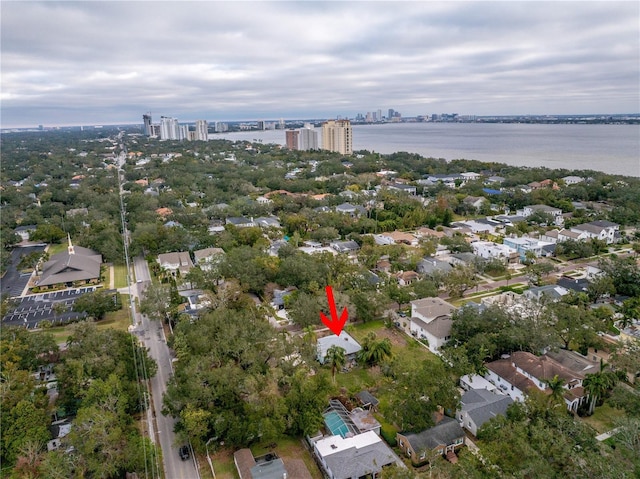 aerial view featuring a water view